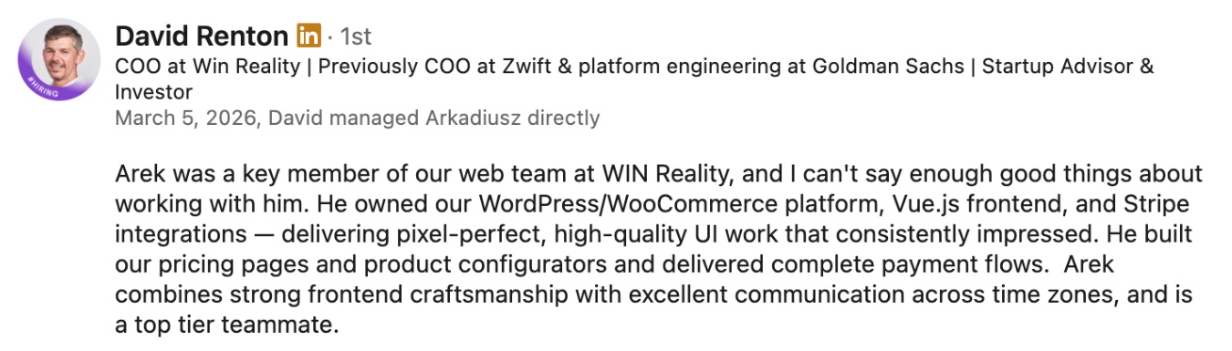 LinkedIn recommendation: David Renton, COO, WIN Reality; previously COO, Zwift