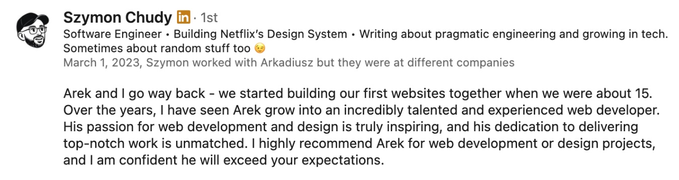 LinkedIn recommendation: Szymon Chudy, Software Engineer, Netflix