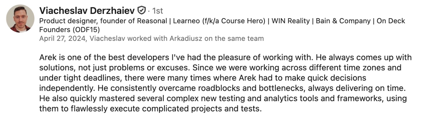 LinkedIn recommendation: Viacheslav Derzhaiev, Product Designer, WIN Reality